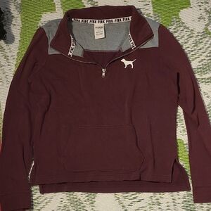 PINK Victoria's Secret Burgundy and Gray Zip-Up Sweater